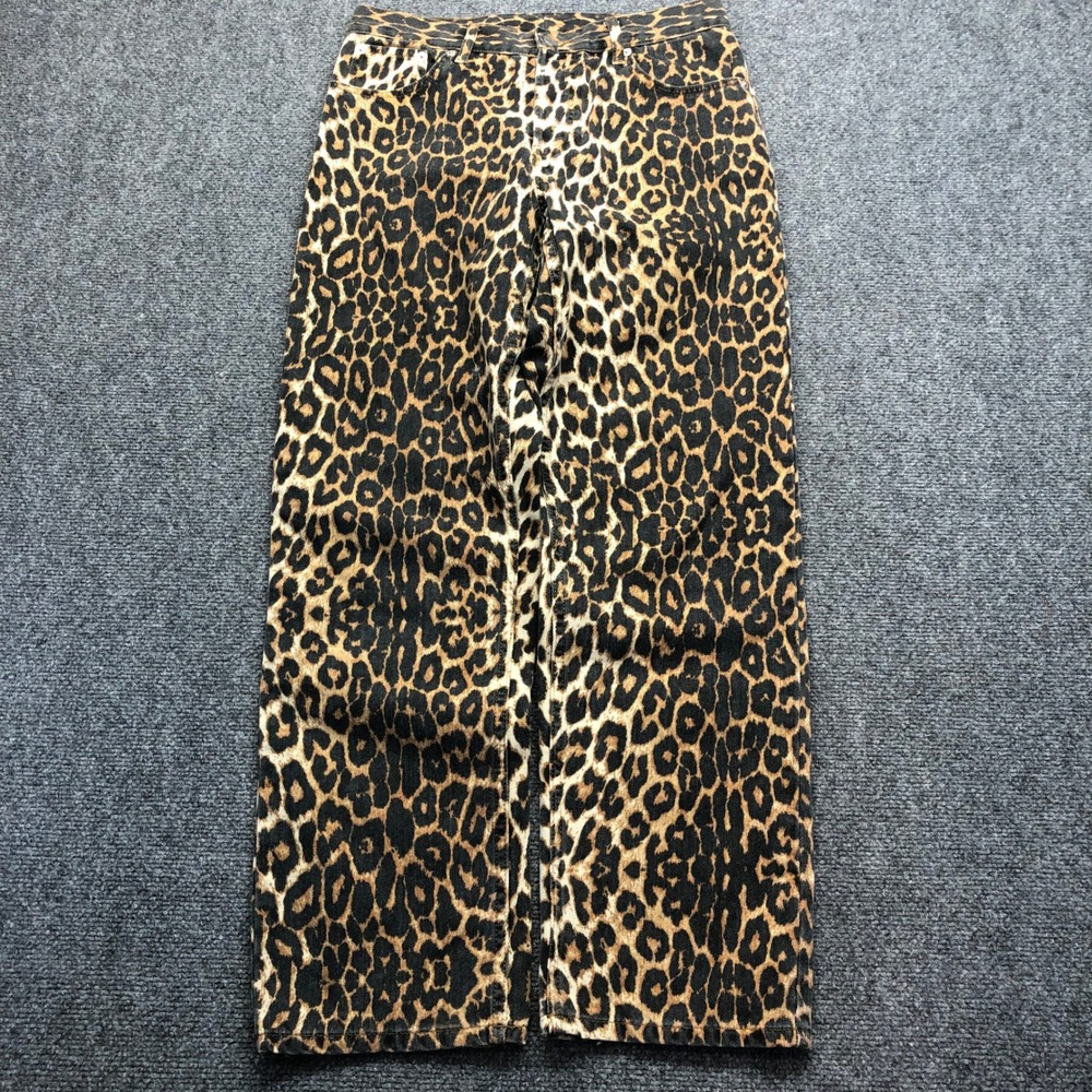 Leopard Print Denim Straight Leg Jeans Animal Pattern Brown Black 30x27.5